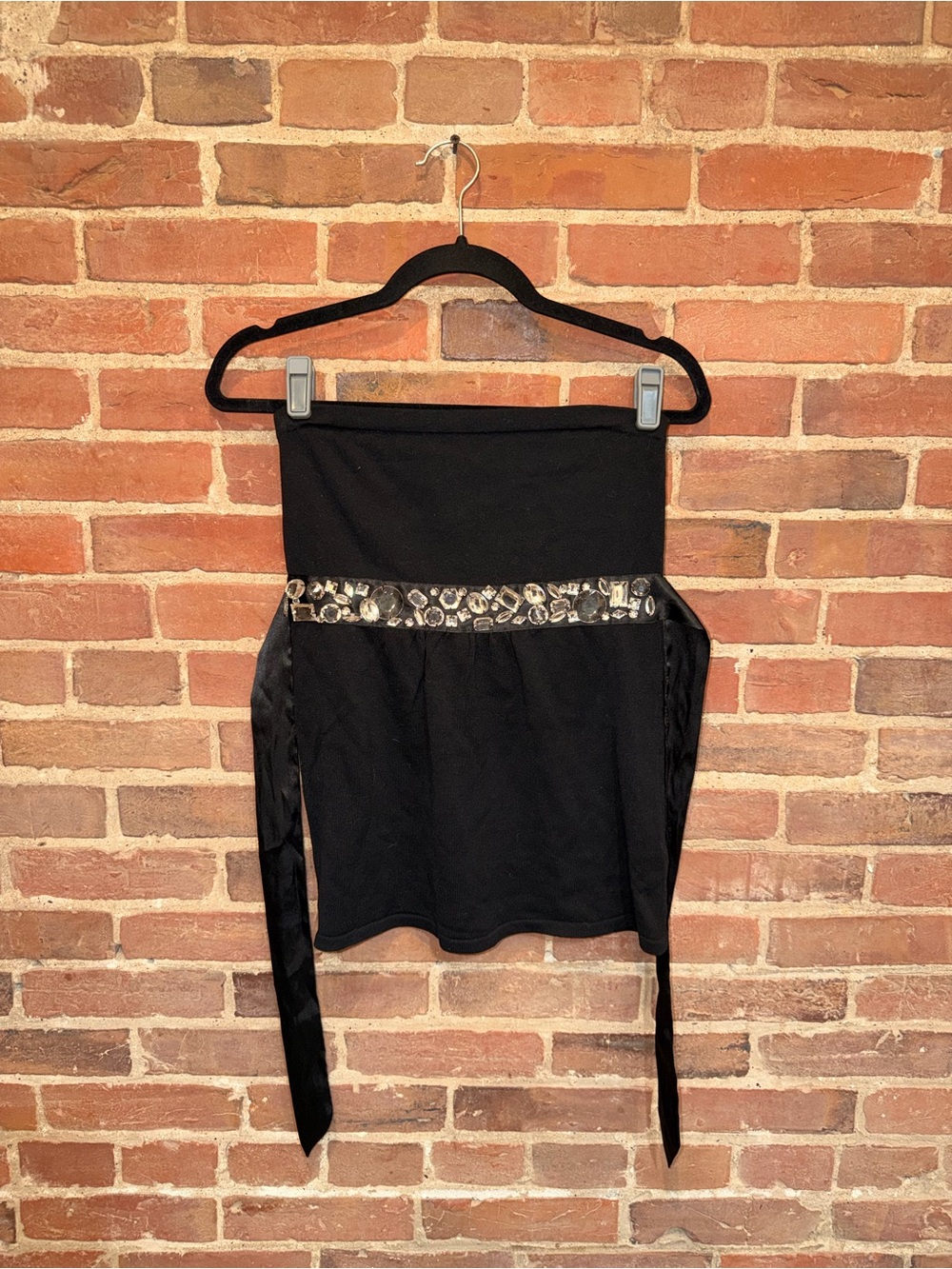 White House Black Market Black Crewneck Knit Top Sparkly Gems Jewels Tie-Back